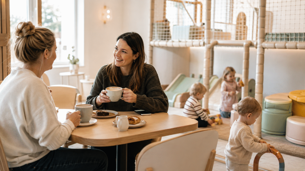 Two parents chatting over coffee while toddlers enjoy an indoor playdate.